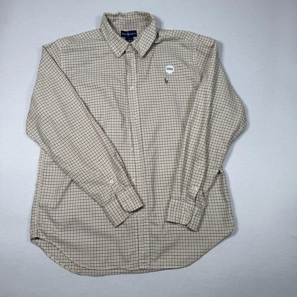 Ralph Lauren Shirt Boys 18-20 Beige‎ Check Button Up Long Sleeve Logo Casual